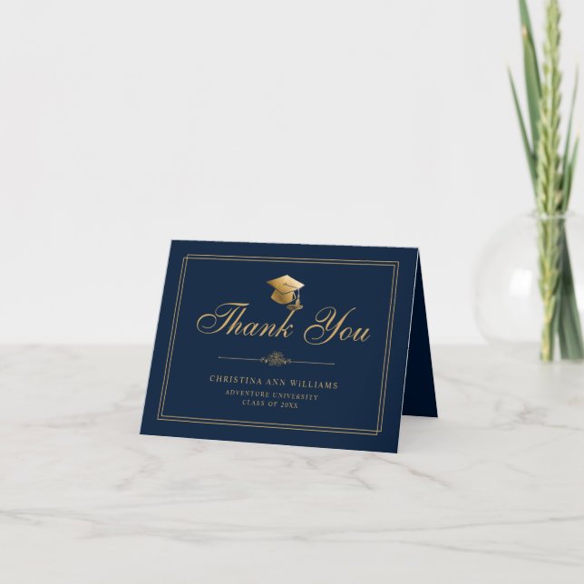 Elegant Navy Blue Gold Script Cap Graduation Thank You Card (Front)