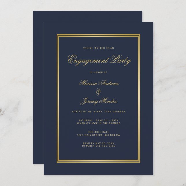 Elegant Navy Blue Gold Script Engagement Party Invitation (Front/Back)
