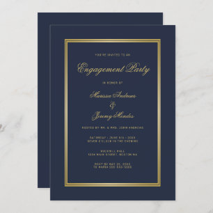 Elegant Navy Blue Gold Script Engagement Party Invitation