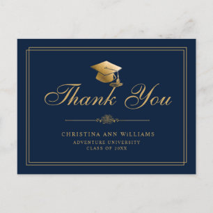 Elegant Navy Blue Gold Script Graduation Thank You Postcard