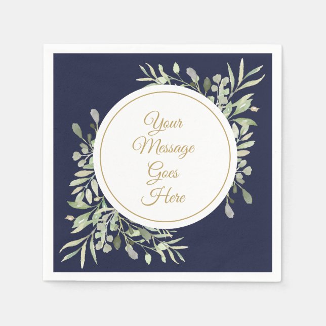 Elegant Navy Blue Gold Script Greenery Napkin (Front)