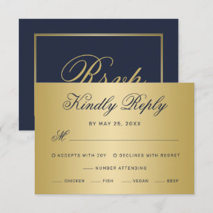 Elegant Navy Blue Gold Script Meal Choice Wedding RSVP Card