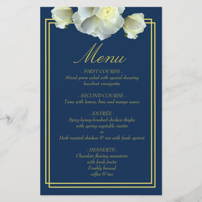 Elegant Navy Blue Gold Script Menu Dbl Frame Card (Front)