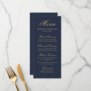 Elegant Navy Blue Gold Script Wedding Menu