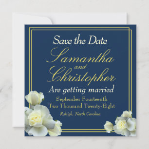 Elegant Navy Blue Gold Script White Rose Wedding Save The Date