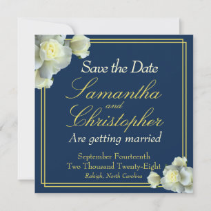 Elegant Navy Blue Gold Script White Rose Wedding Save The Date