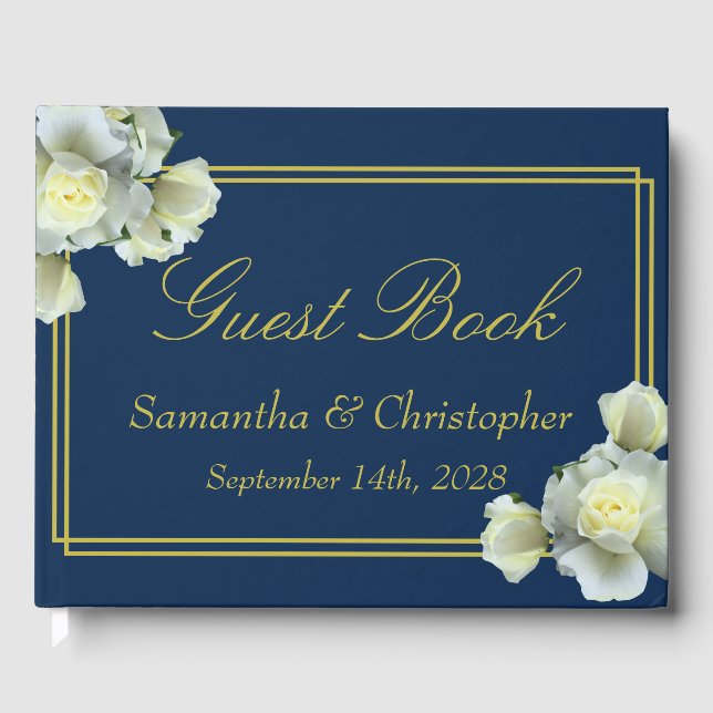 Elegant Navy Blue Gold Script White Roses Wedding Guest Book (Front)
