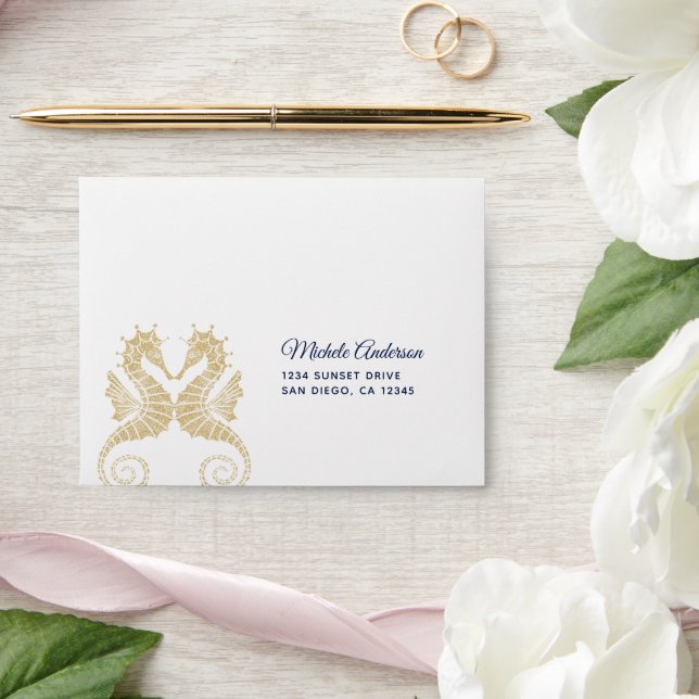 Elegant Navy Blue Gold Seahorses Wedding RSVP Envelope (Wedding)