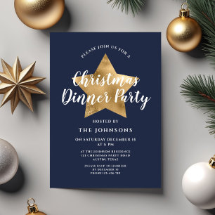 Elegant Navy Blue Gold Star Christmas Dinner Party Invitation