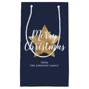 Elegant Navy Blue Gold Star Christmas Small Gift Bag