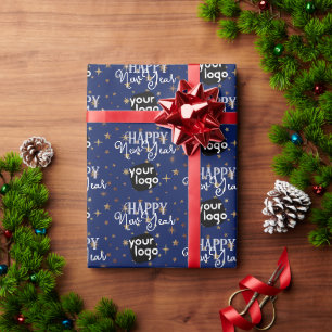 Elegant Navy Blue Gold Star Happy New Year Branded Wrapping Paper