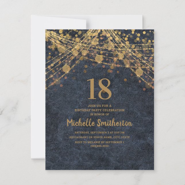 Elegant Navy Blue Gold String Lights 18th Birthday Invitation (Front)