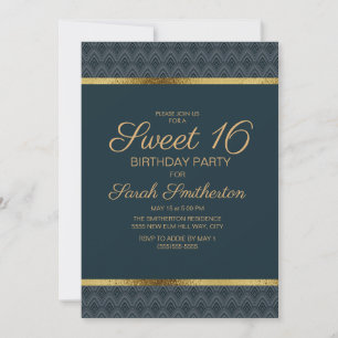 Elegant Navy Blue Gold Sweet 16 Birthday Party Invitation