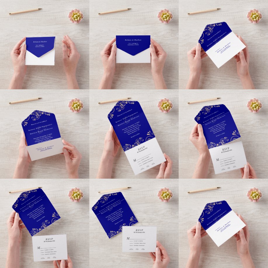 Elegant Navy Blue Gold Swirl Wedding All In One Invitation
