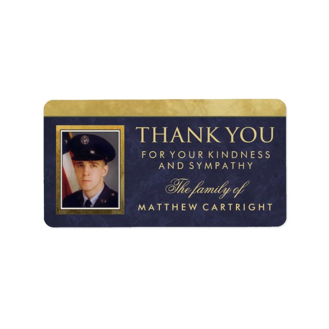 Elegant Navy Blue Gold Thank You Photo Sympathy Label (Front)