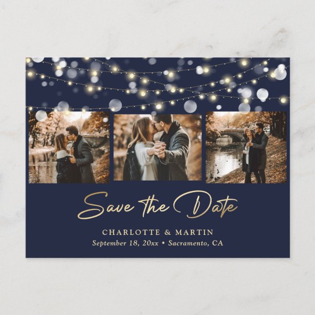 Elegant Navy Blue Gold Wedding Photo Save The Date Announcement Postcard (Front)