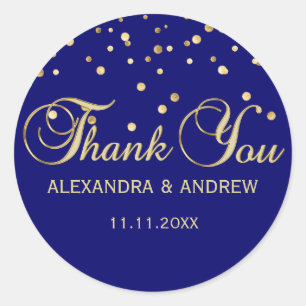 Elegant Navy Blue Gold Wedding Thank You Classic Round Sticker