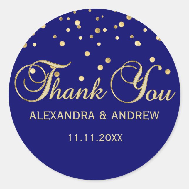 Elegant Navy Blue Gold Wedding Thank You Classic Round Sticker (Front)
