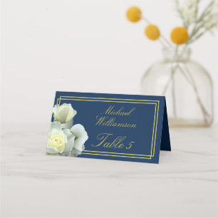 Elegant Navy Blue Gold White Rose Double Frame Place Card