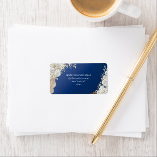Elegant Navy Blue Gold White Rose Return Address Label