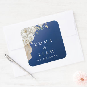 Elegant Navy Blue Gold White Rose Square Envelope Sticker
