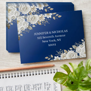 Elegant Navy Blue Gold White Rose Wedding Return Envelope