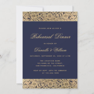 Elegant Navy Blue Gold Wild Roses Rehearsal Dinner Invitation