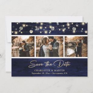 Elegant Navy Blue Gold Wood Script Photo Wedding Save The Date