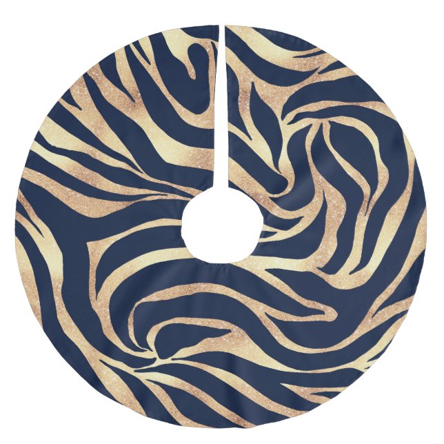 Elegant Navy Blue Gold Zebra Print Brushed Polyester Tree Skirt (Front)