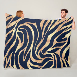Elegant Navy Blue Gold Zebra Print Fleece Blanket