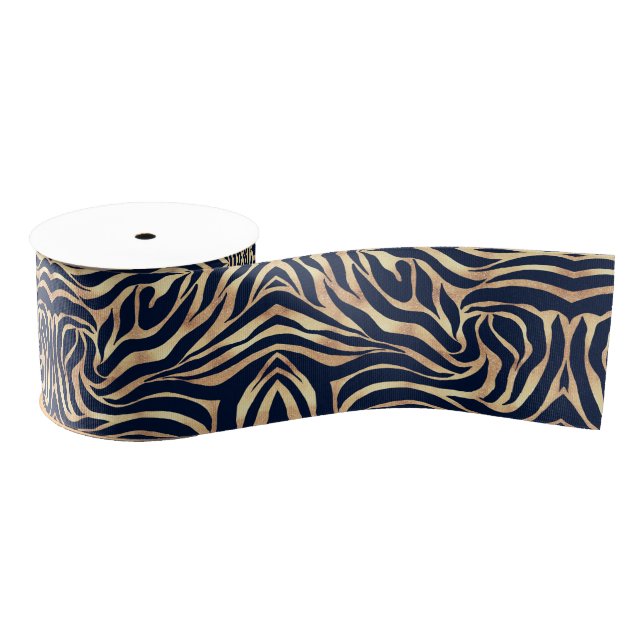Elegant Navy Blue Gold Zebra Print Grosgrain Ribbon (Spool)