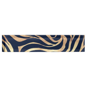 Elegant Navy Blue Gold Zebra Print Nameplate