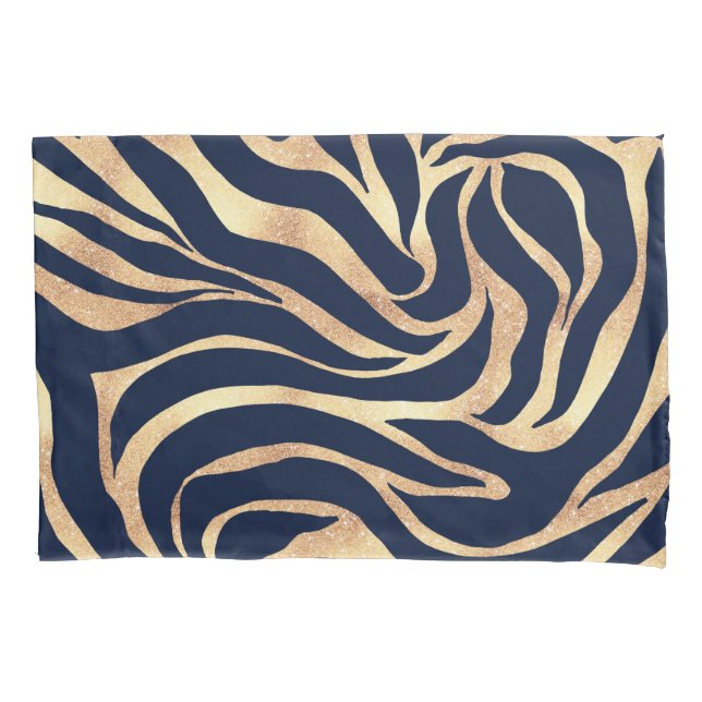 Elegant Navy Blue Gold Zebra Print Pillowcase (Front-Left)