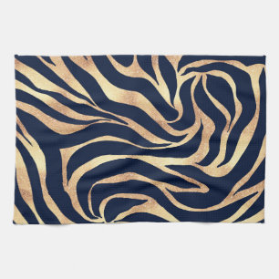 Elegant Navy Blue Gold Zebra Print Tea Towel