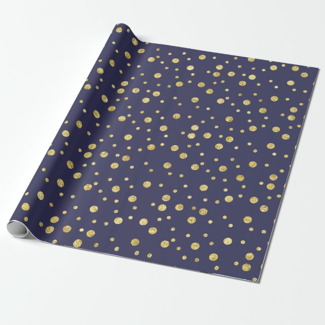 Elegant Navy Blue Golden Chic Dots Wrapping Paper (Unrolled)