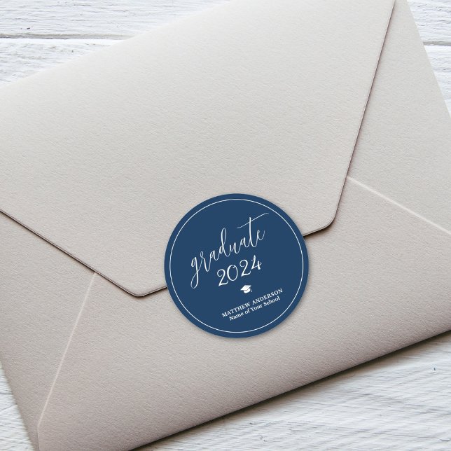 Elegant Navy Blue Graduate 2024 Graduation Classic Round Sticker (Creator Uploaded)