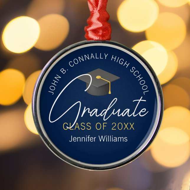 Elegant Navy Blue Graduate Personalised Christmas Metal Ornament (Creator Uploaded)