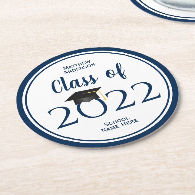 Elegant Navy Blue Graduation Party Round Paper Coaster (Angled)