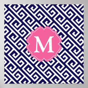 Elegant Navy Blue Greek Key Personalised Poster