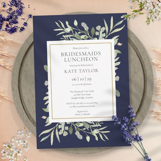 Elegant Navy Blue Greenery Bridesmaids Luncheon Invitation (Elegant Navy Blue Greenery Bridesmaids Luncheon Invitation)