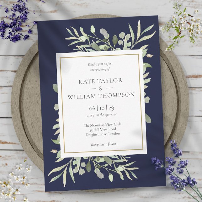 Elegant Navy Blue Greenery Leaves Wedding Invitation (Elegant Navy Blue Greenery Leaves Wedding Invitation)