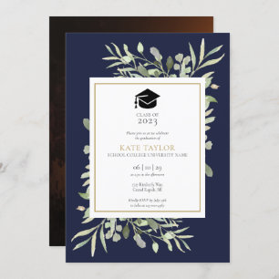 Elegant Navy Blue Greenery Photo Graduation Party Invitation