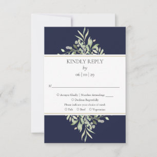 Elegant Navy Blue Greenery Wedding RSVP Card