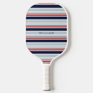 Elegant Navy Blue & Grey Coastal Stripes Custom Pickleball Paddle