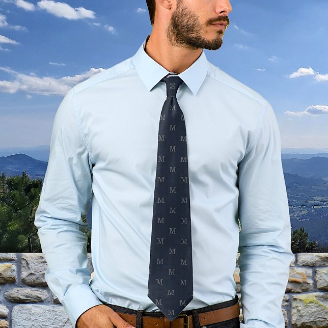 Elegant Navy Blue Grey Monogram Personalised Tie (Creator Uploaded)