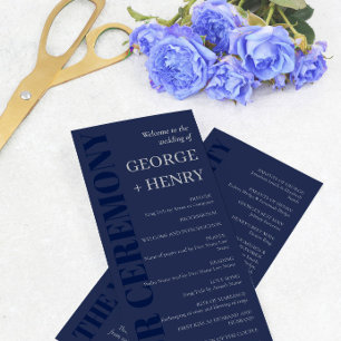 Elegant Navy Blue Grey Typography Wedding Program