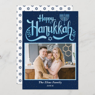Elegant Navy Blue Happy Hanukkah Photo Holiday Card