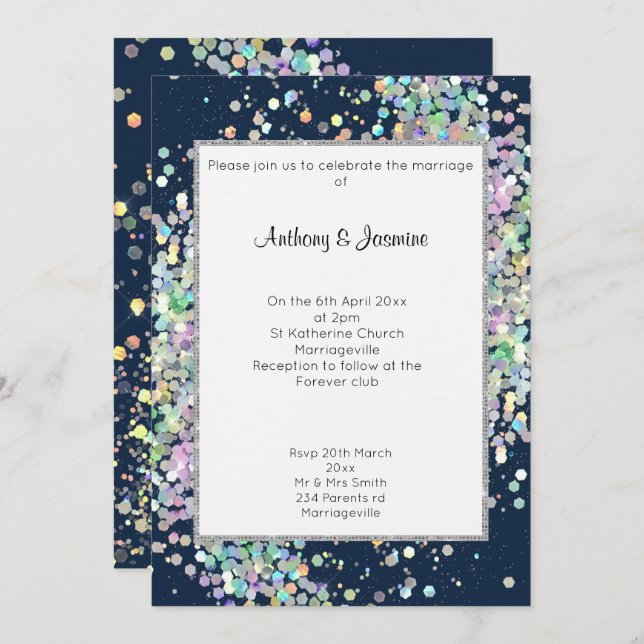ELEGANT NAVY BLUE HOLOGRAPHIC PASTEL WEDDING  INVITATION (Front/Back)