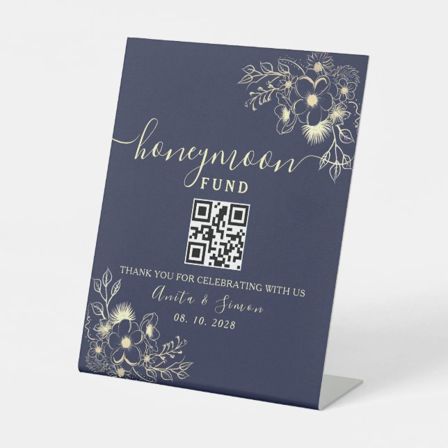 Elegant Navy Blue Honeymoon Fund QR Sign (Front)