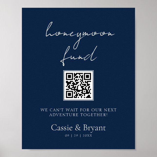 Elegant Navy Blue Honeymoon Fund Wedding Sign (Front)